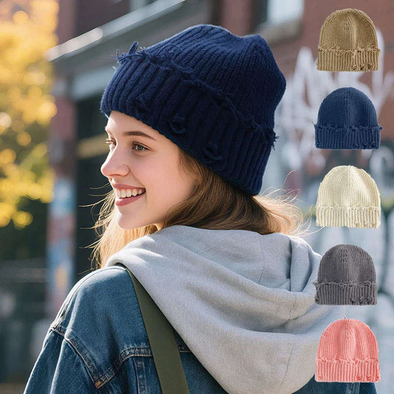1PC Winter zerrissene Hip-Hop-Beanie-Mütze, dicke warme Winter-lose Skullies-Mütze, modische einfarbige winddichte Skimütze für Damen
