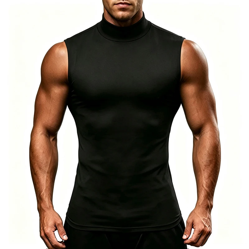 Men's Turtleneck Quick Dry Compression Tank Tops Tight Gym Sleeveless Shirt for Bodybuilding Workout Running Training Vests