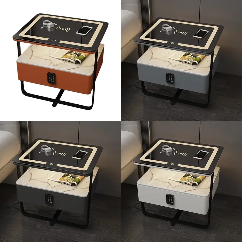 Modern Smart Nightstand with Wireless Charging Solid Wood Rock Slab Top Wrought Iron Frame Minimalist Luxury Bedroom Side
