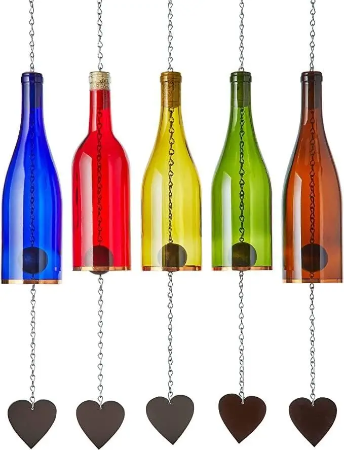 Wine Bottle Wind Chimes Indoor Outdoor Handcrafted Suncatcher Whimsical Home Decor Five Piece Set Gifts Women