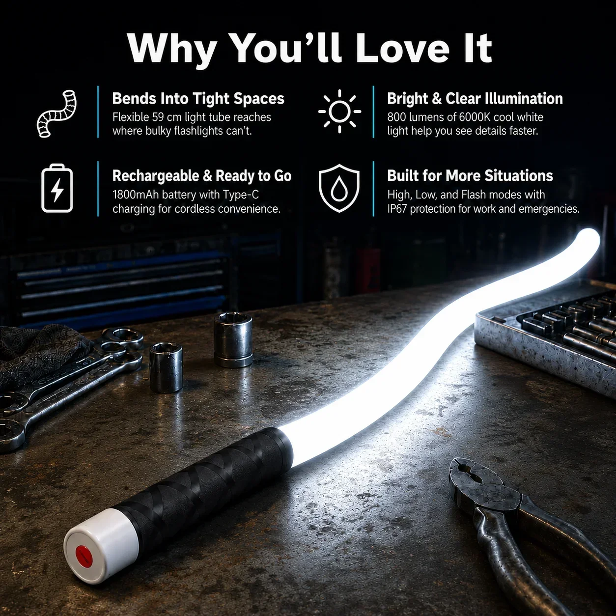 Flexible LED Work Light 800LM Rechargeable Bendable Inspection Lamp Type C 3 Modes IP67 Mechanic Automotive Engine Bay Light view 6