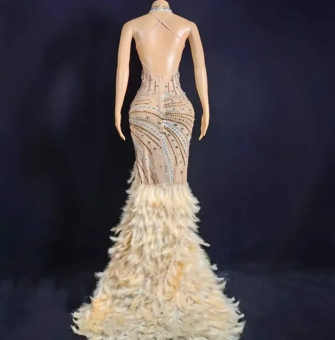 Vestido Sexy sin espalda con plumas y diamantes de imitación para mujer, vestido de Reina de cumpleaños, fiesta nocturna, graduación, cristales, vestido 2025