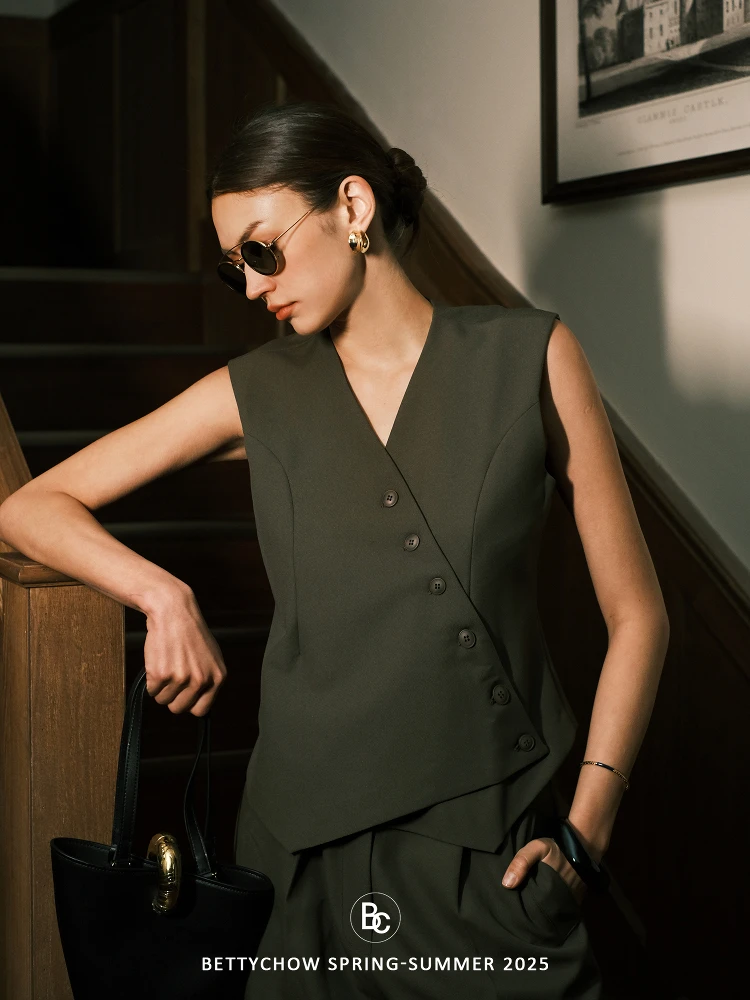 

Betchow Olive een Asymmetric Casual Suit Pants And Vest Two-Piece Set Faionable Spring Summer Commute Ensemble