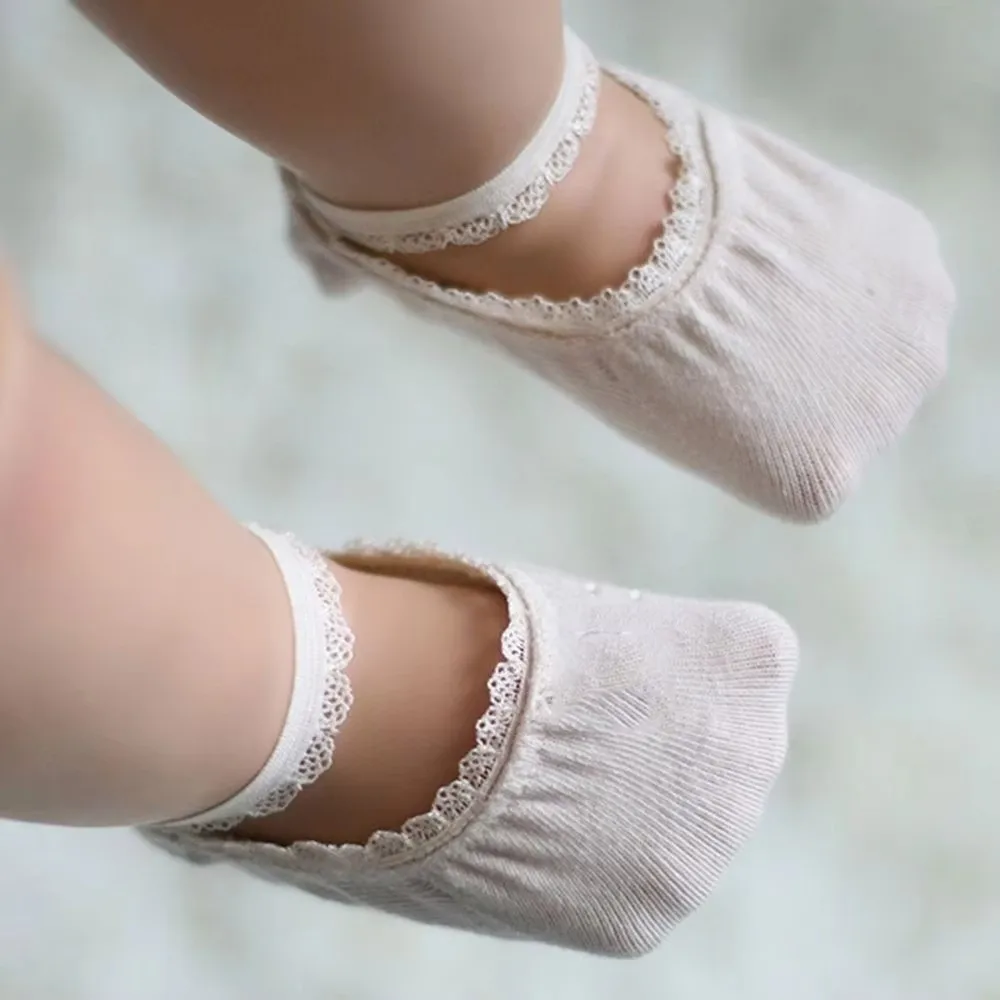 New Solid Color Infant Lace Socks Rubber Soles Breathable Newborn Socks Anti-slip Soft Cotton Socks Summer Wear