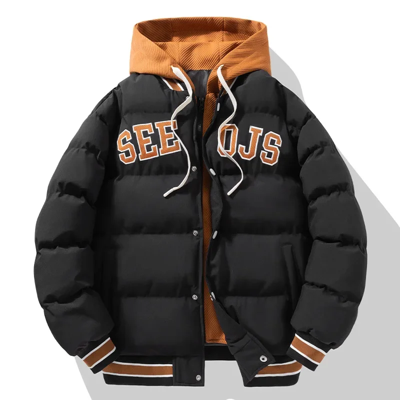 Men Winter Fake Two-Piece Hooded Baseball Clothes Jacket Unisex Lightweight Parkas Thick Warm Oversize Cotton-Padded Windbreaker