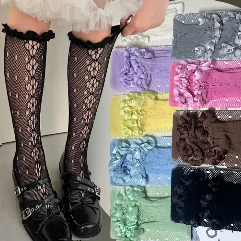 Sexy Solid Color Women Stockings JK Lace Hollow Out Pile Calf Socks Thin Korean Dopamine Knee High Socks Sweet Girls Stockings