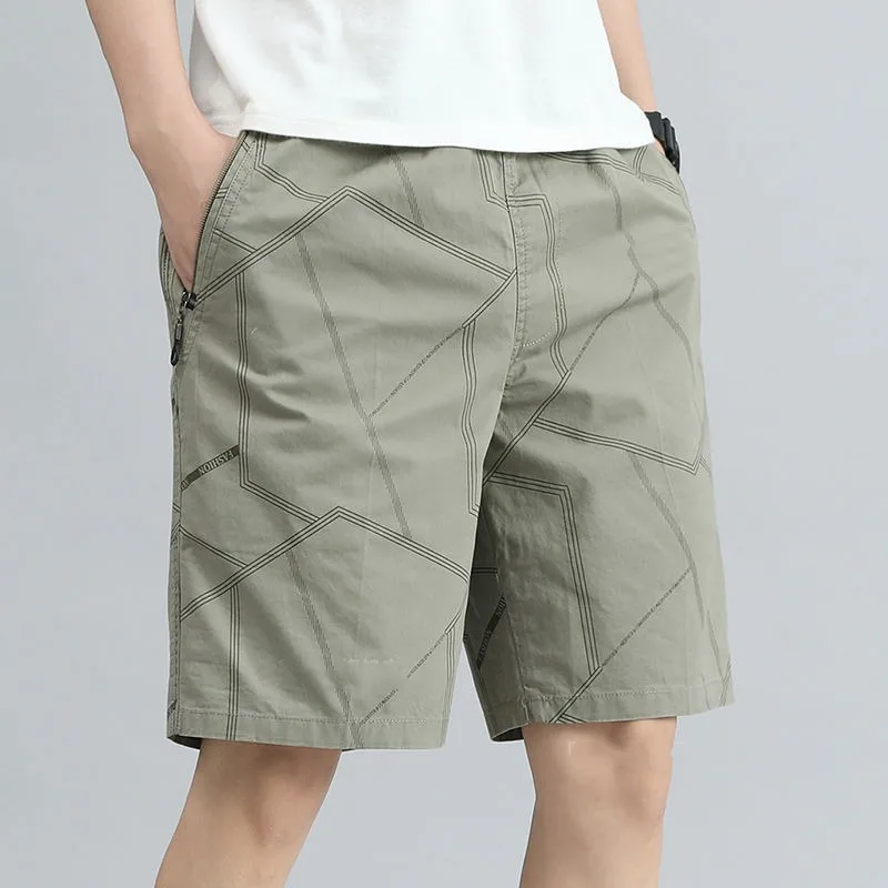 

Minimalist and Fashion Korean Summer Pinstripe Geometric Men's Elastic Waist Zipper Pocket Casual Loose Knee Length Shorts