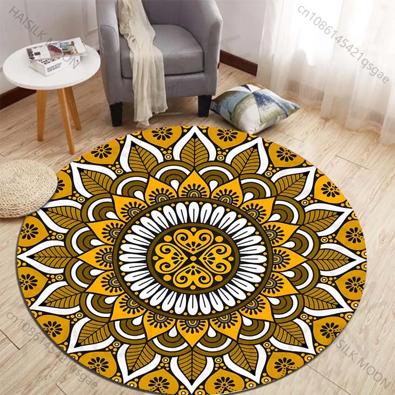 Exquisite Yellow Mandala Design Printed round carpet living room sofa table carpet large pet mat soft round carpet home decor