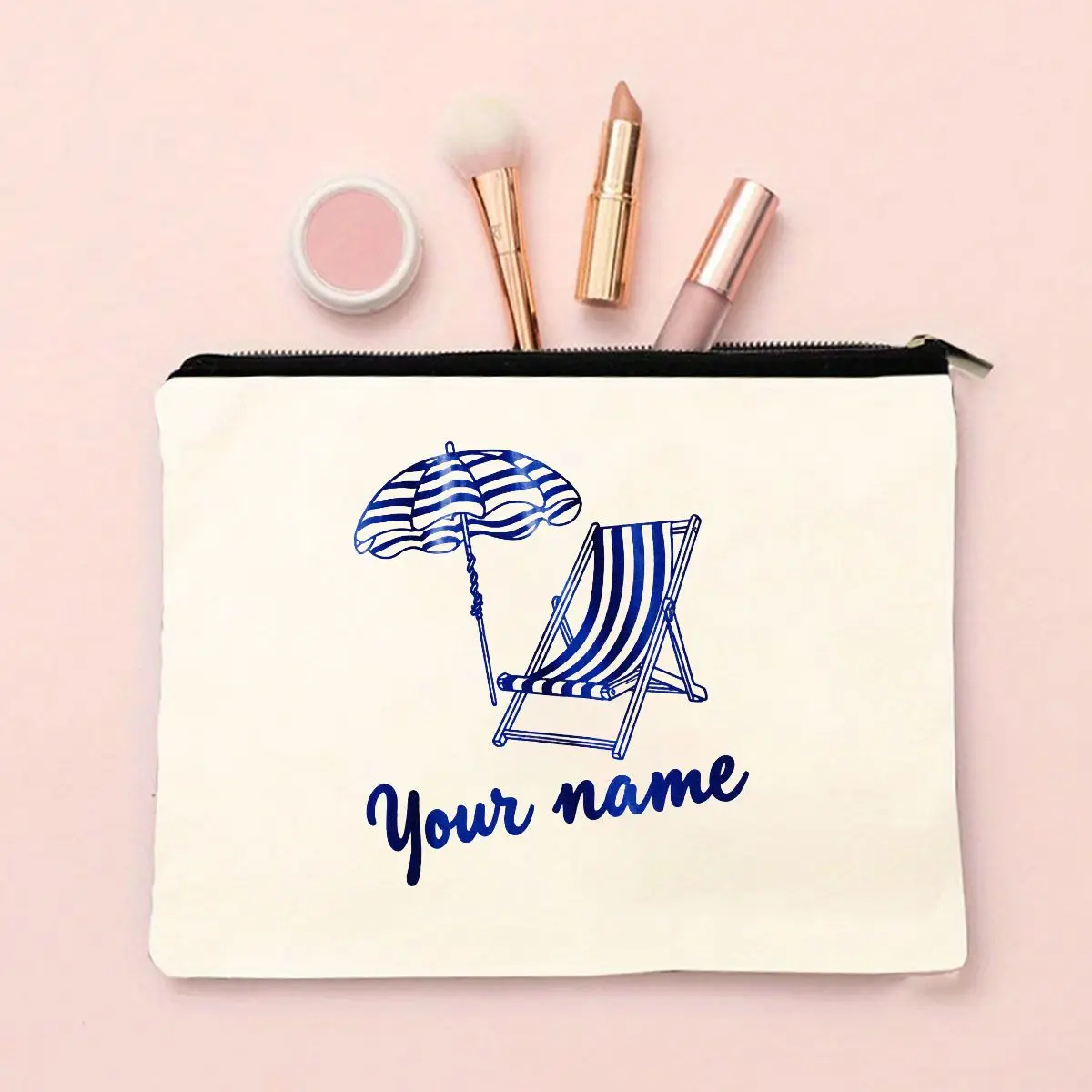 Creative Beach Theme Blue and White Striped Beach Chair Custom Name Organizer Bag Custom Name Fashion Portable Travel Makeup
