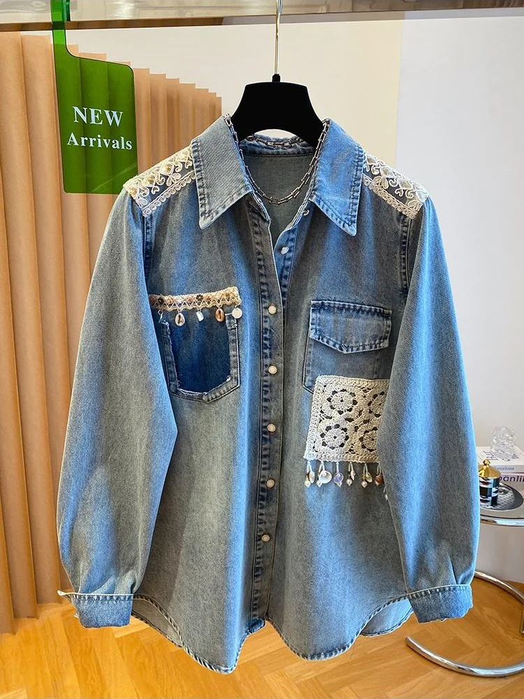 

Chic Lace Splicing Women's Denim Shirt 2025 New Turn Down Collar Long Sleeved Single Breasted Jean Blouse Female Casual Tops