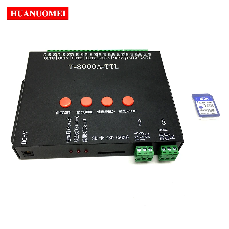 T-8000A SD Card LED Pixel Controller WS2811 UCS1903 WS2812B Off-Line Digital RGB Dimmer 8 Output SPI TTL Signal Max 8192Pixels