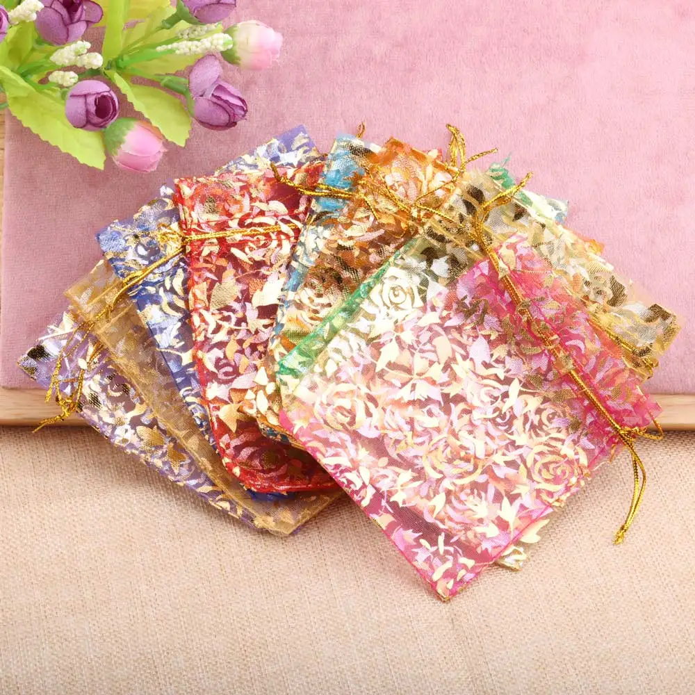 25/50pcs Rose Organza Jewelry Bag Gold Color Flower Printing Party Wedding Christmas Candy Gift Drawstring Packaging Pouches view 6