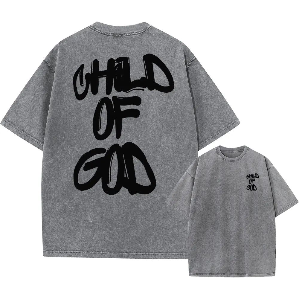 Child Of God Print Vintage Washed Tshirts Men Loose Hip Hop Cotton T-Shirts Crew Neck Casual Hip Hop GYM Running Workout Unisex
