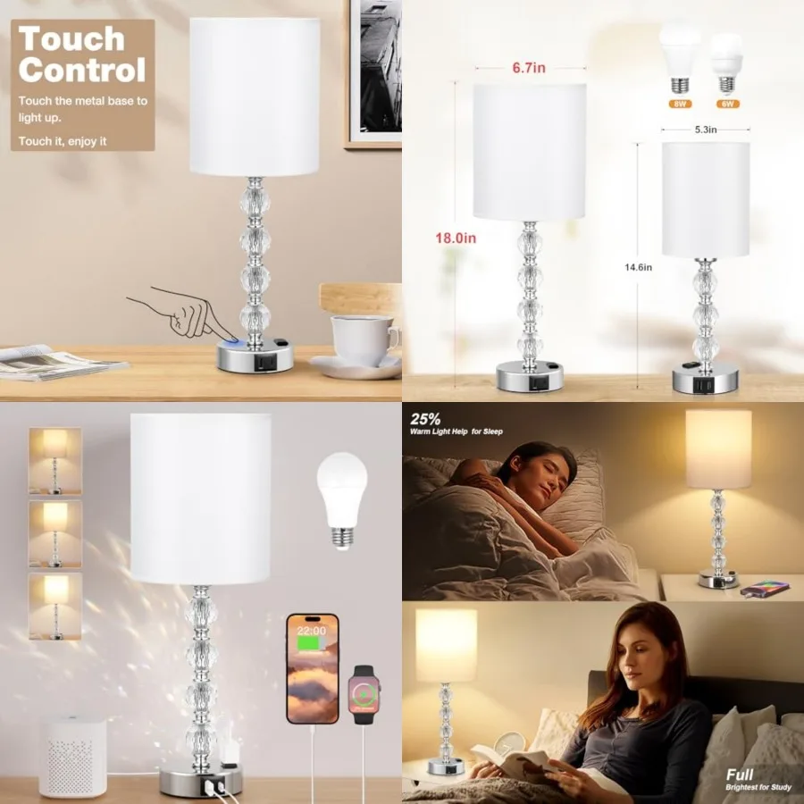 

Touch Bedside Crystl Lmps for Bedrooms Nightstnd with USB C+ Chrging Port nd C Outlet, 3 Way Dimmable Silver Large End Side Tab