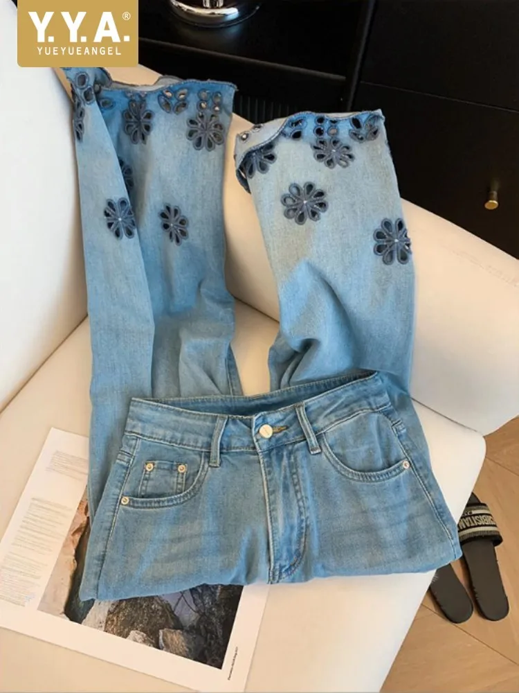 

Women Spring New Hollow Out Embroidery Jeans Slim Fit High Waist Denim Pant Straight Wide Leg Ankle Length Pants Casual Trousers