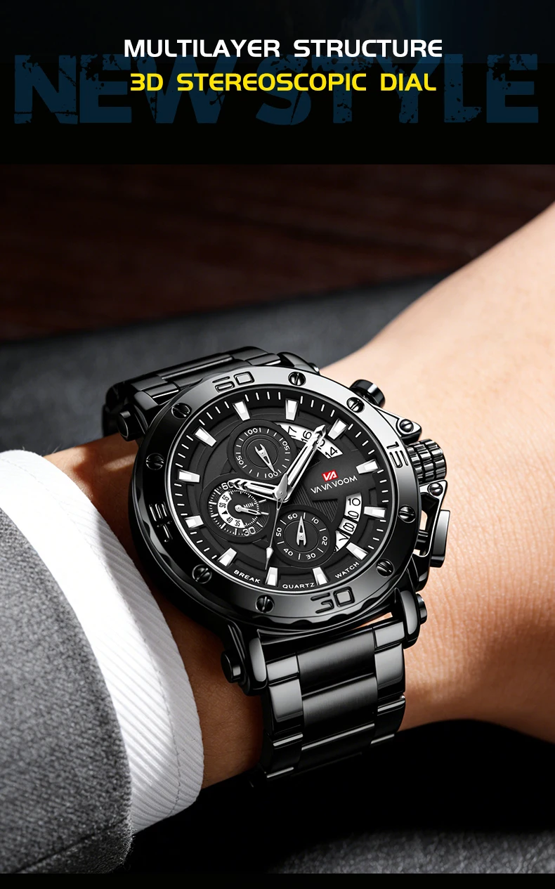 VA VA VOOM Chronograph-Uhr für Herren, Kalender, leuchtend, wasserdicht, Herrenuhr, luxuriöse Edelstahl-Quarzuhr für Herren, Reloj – Detail 8