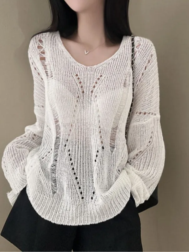 

Chic V-Ne Long Sve Pure Color Loose Ice Silk Knitted Sweater Spring Lazy Sle Hollow out Thin Sweater Mid-Length Knitwear