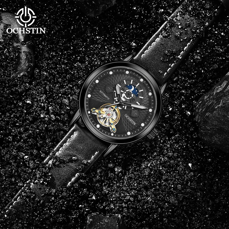 OCHSTIN Mineral Hardened Glass Luminous Hand Waterproof Wristwatch Man Masterpiece Series Skeleton Mechanical Moon Phrase Watch