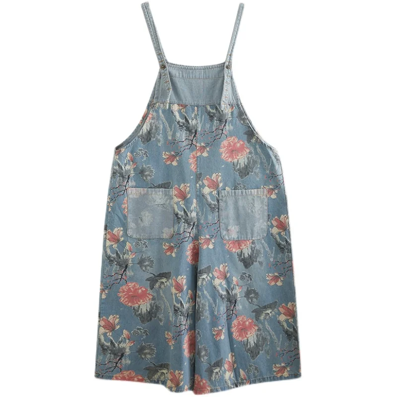 Zoete bloemen bedrukte denim jumpsuit dames zomer 2025, nieuwe grote maat mode zakoverall losse wijde pijpen enkellange broek