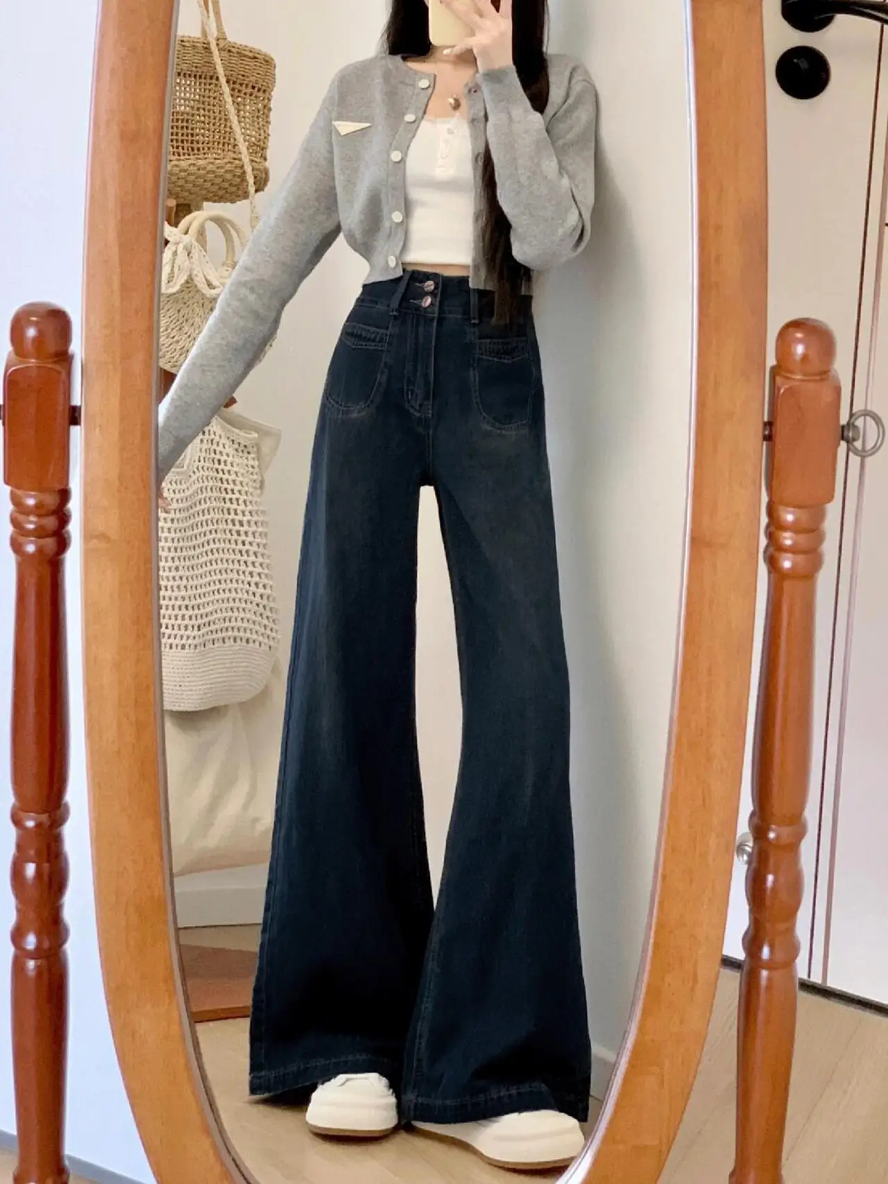 

Ретро с высокой талией, свободный крой, прямые синие джинсовые джинсы, женские осенние новые дизайнерские утягивающие широкие брюки