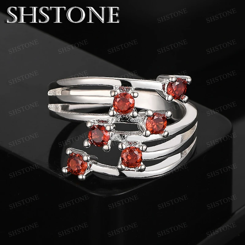 

925 Sterling Silver Ring For Woman Red Zircon Crystal Rings Lady Party Engagement Wedding Accessories Fashion Jewelry Gifts