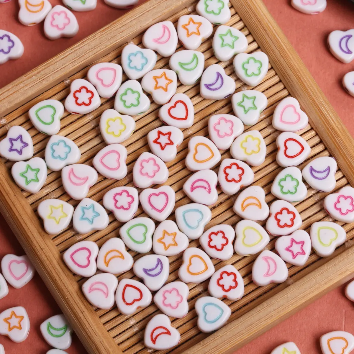 7mm about 50Pcs Acrylic Heart-shaped Printed Heart Stars Moon Loose Beads DIY Bracelet Jewelry Accessories