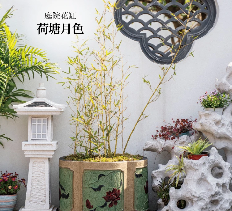 Chinese style courtyard landscaping layout large flower pots outdoor garden entrance flower beds creative flower pot decorations