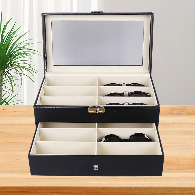 Caja de almacenamiento de gafas de cuero PU con 12 ranuras de doble capa, vitrina de Material de madera, embalaje de joyería especial de Color negro