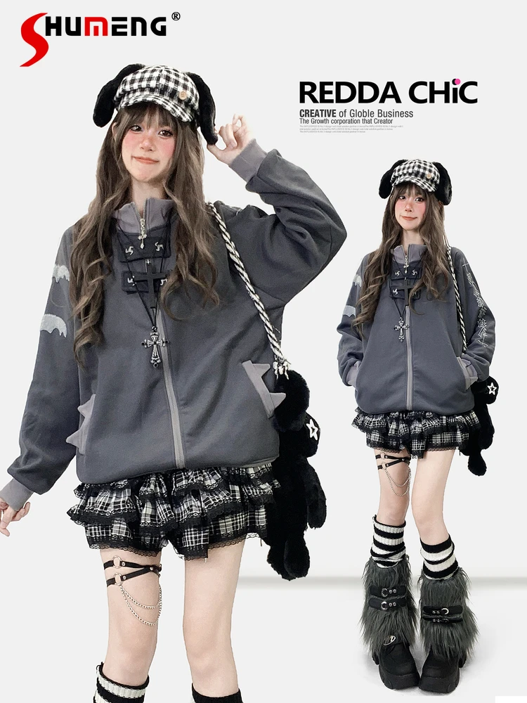 

Harajuku Style Subculture Streetwear Y2K Fleeced Thick Sweatshirt Embroidered Loose Casual Versatile Zipper Jacket Women Autumn