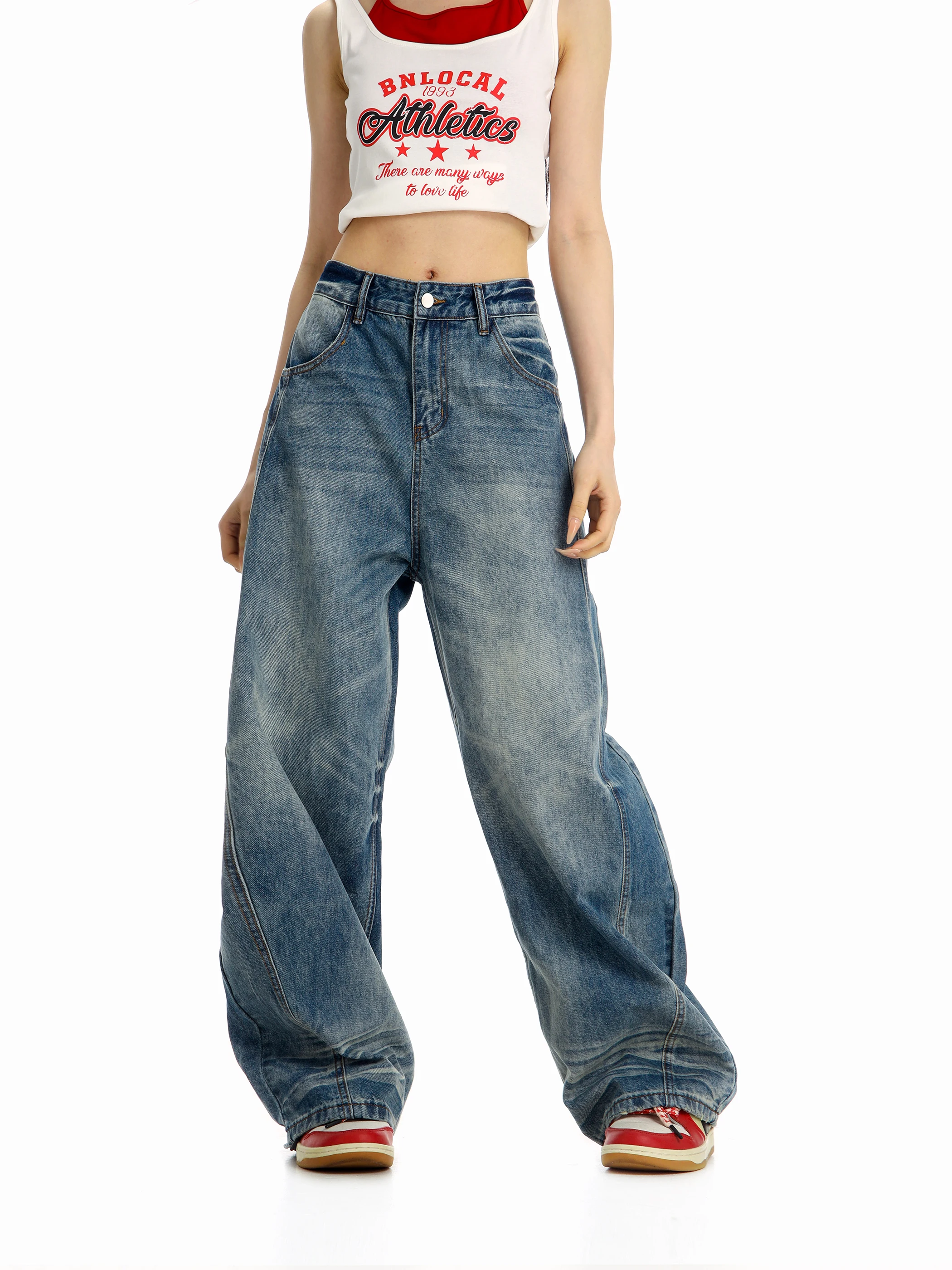 

Джинсы Cleanfit Blue Straight Leg Vintage из выстиранного денима, женские повседневные широкие брюки, удобные, дышащие, на все сезоны