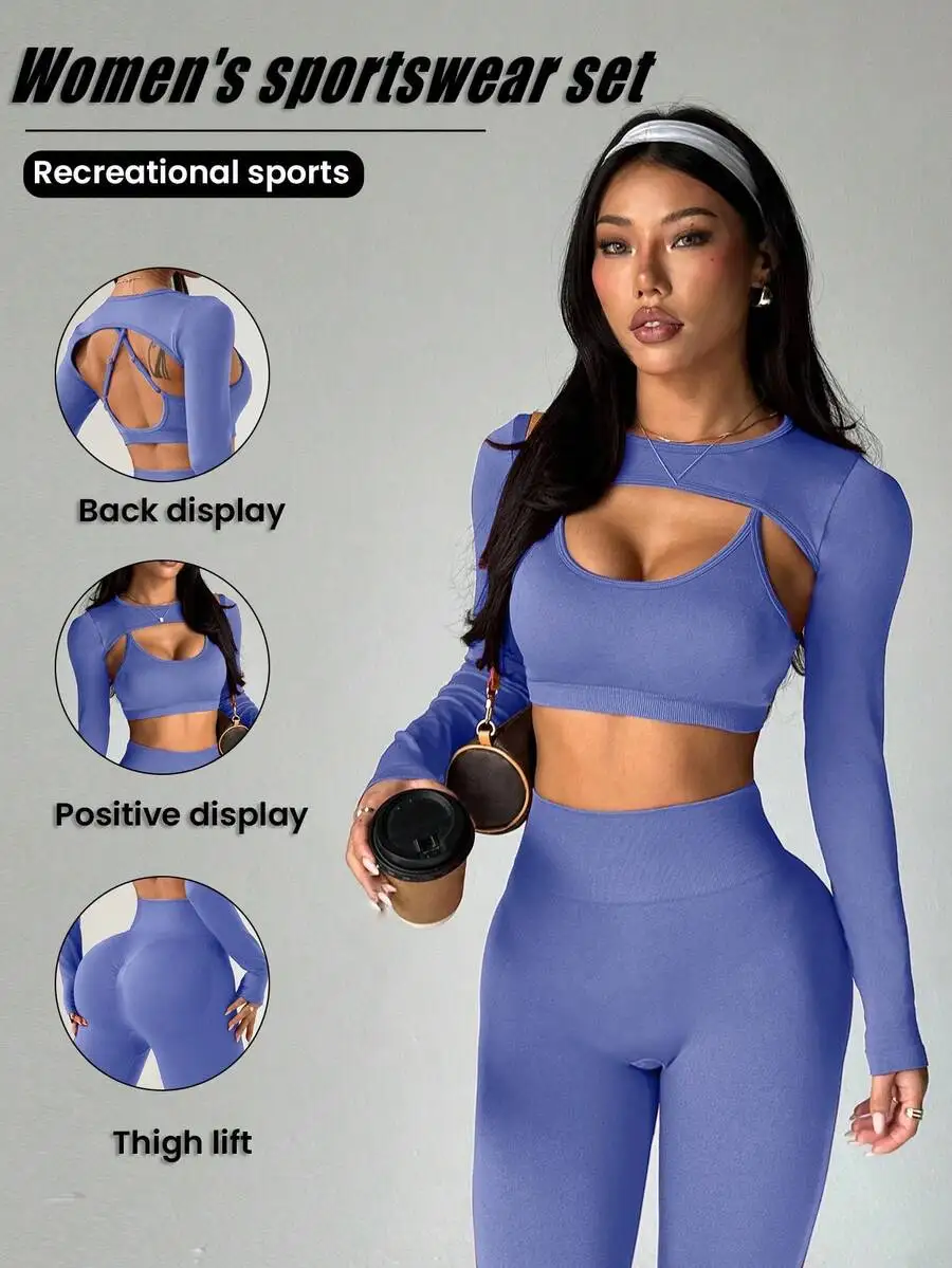 

Womens Solid Color Long Sleeve Sports Set With Cut Out Top And High Waist Leggings