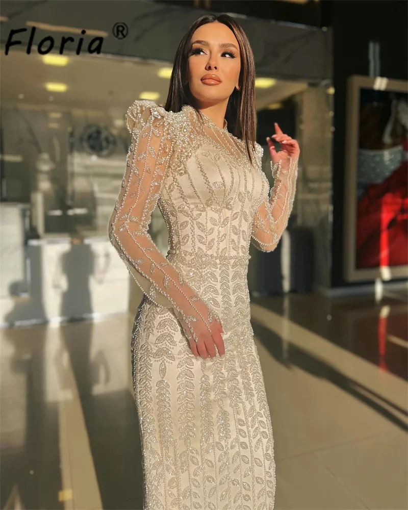 Elegant Heavy Beads Mermaid Prom Dress Full Crystal Beaded Long Sleeves Dubai Wedding Engagement Gown Vestidos de fiesta Couture