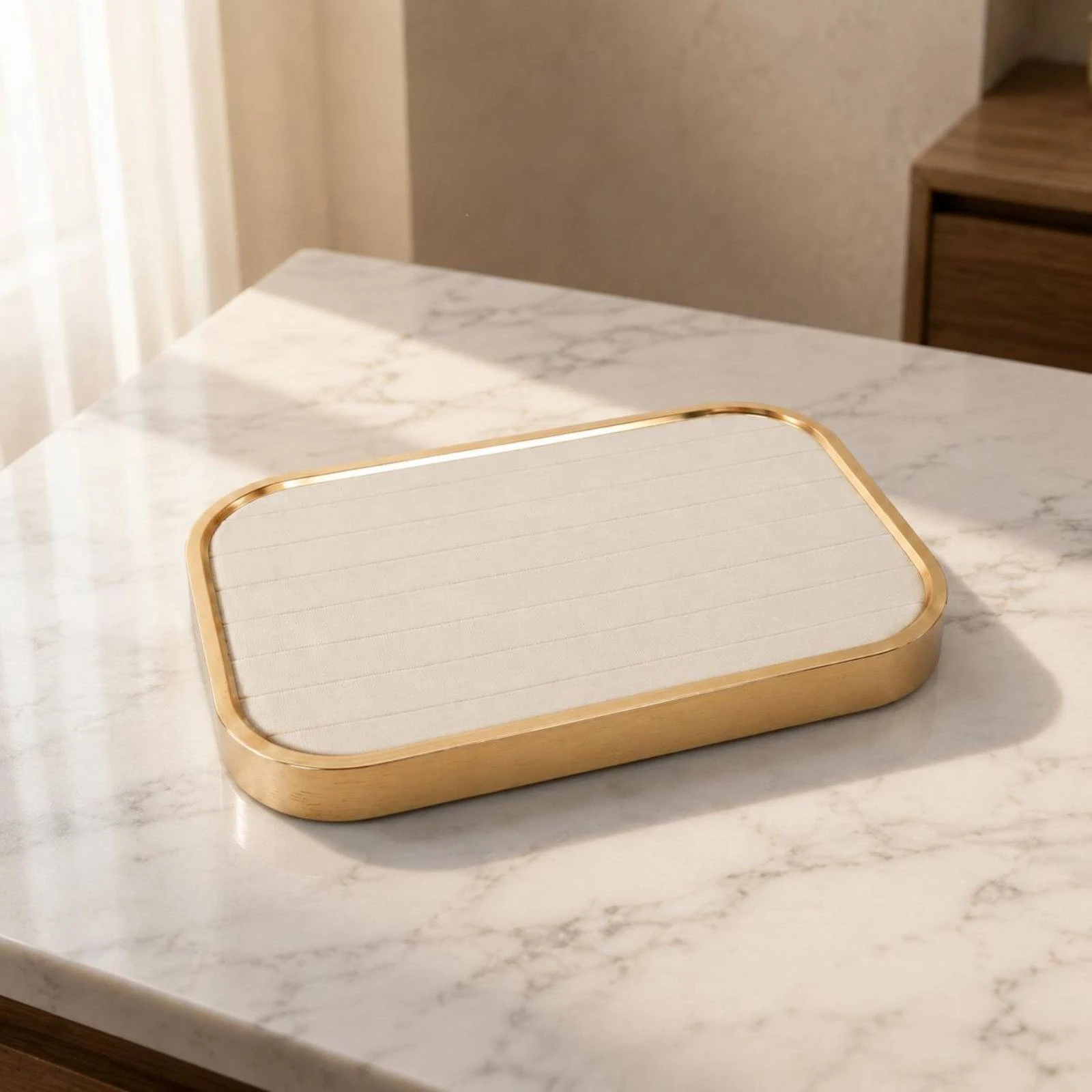 Rectangular Jewelry Tray Cream Lining Aluminum Jewelry Tray Accessory Storage Rounded Corners Framed Border