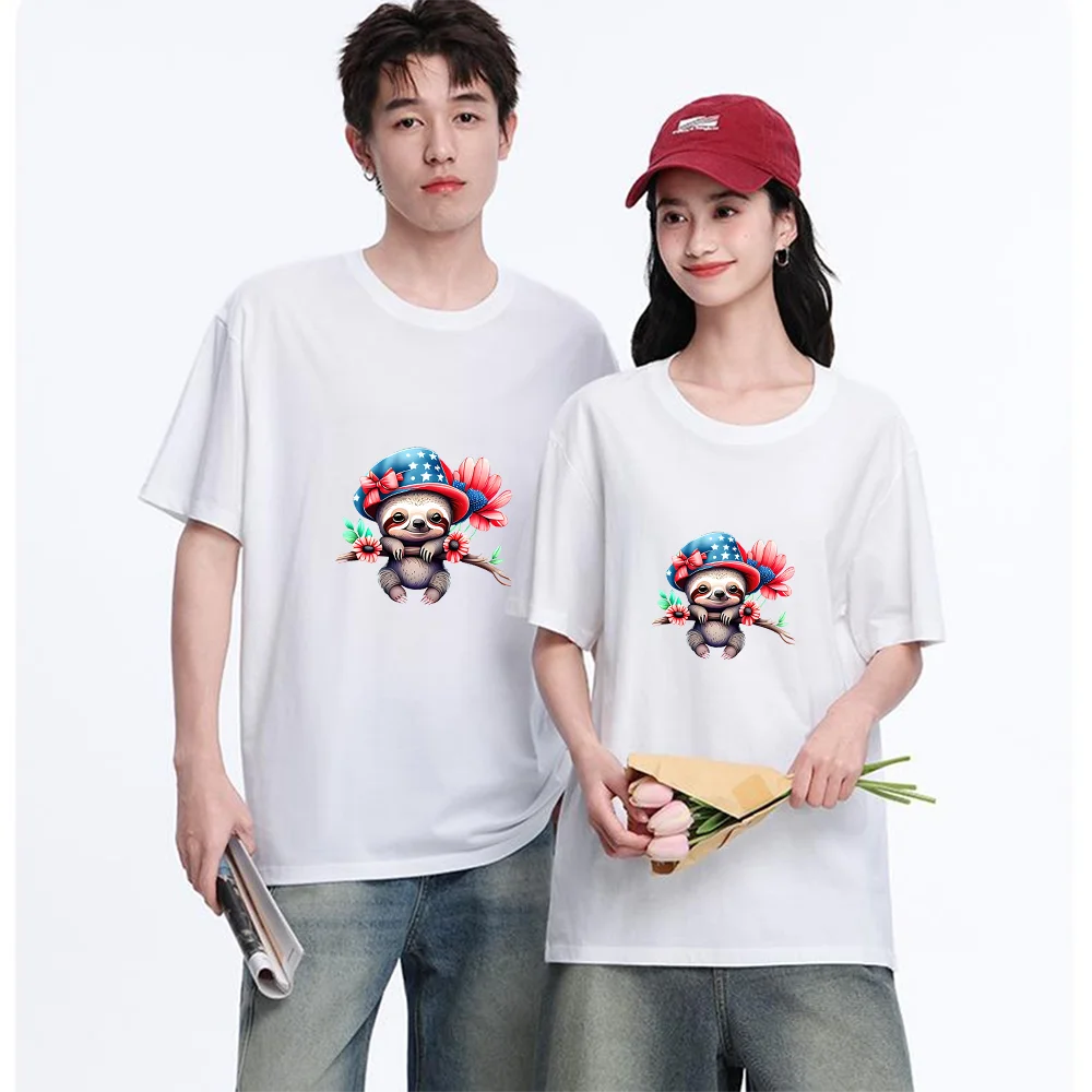 Cute Sloth With American Flag Hat And Flowers Printed T Shirt Cotton S-XXL Personalized Custom T Shirt Casual Short Sleeve Tee A