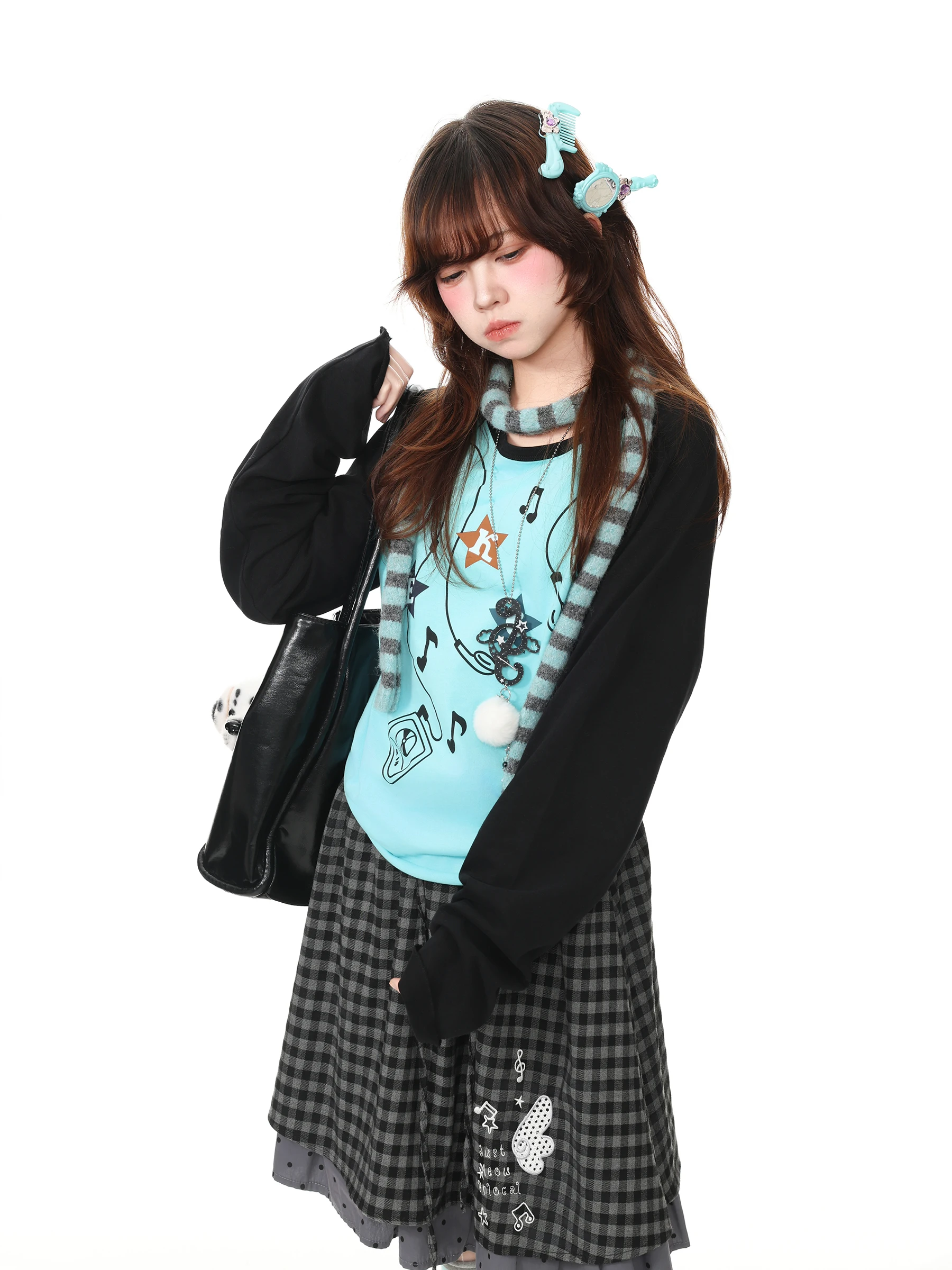Blue Ghost Park Languid Park Long Sleeve round Neck T-Shirt Women's Autumn Design Sense Top Splicing Color Collision Casual S...