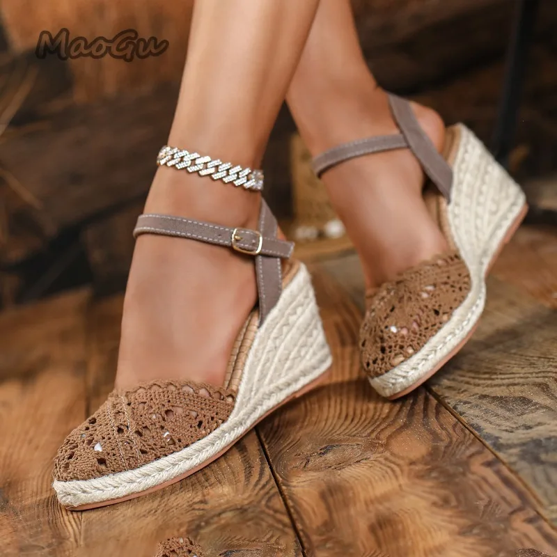 Women's Crochet Lace Espadrille Wedges Sandals Bohemian Vocation Beach Platforms Shoes Ladies Fashion Summer Sandalias De Mujer