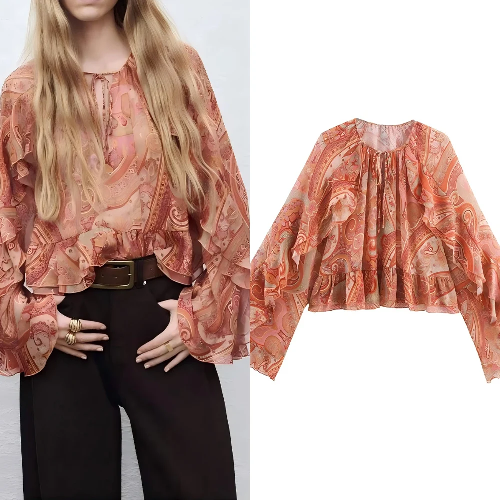 

Women's new fashion ruffle edge decoration casual O-Neck lace up printed shirt retro trumpet long sleeved women's shirt chic top
