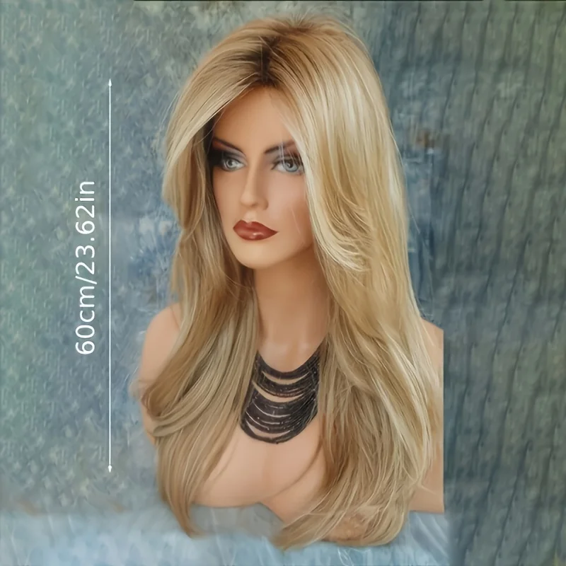Chestnut gold ombre layered long wavy synthetic wig, side-swept bangs with voluminous big waves, natural full headpiece