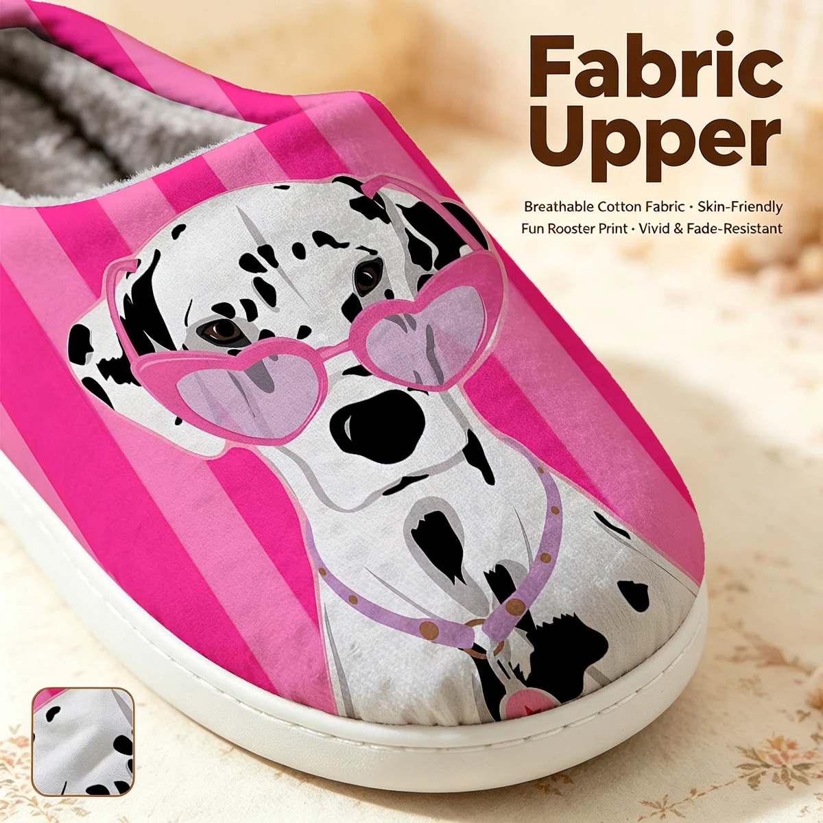 Pink Stripe Dalmatian Christmas White Slippers Warm Plush Indoor Shoes Non-Slip Winter Slippers Family Holiday Gifts Soft view 2