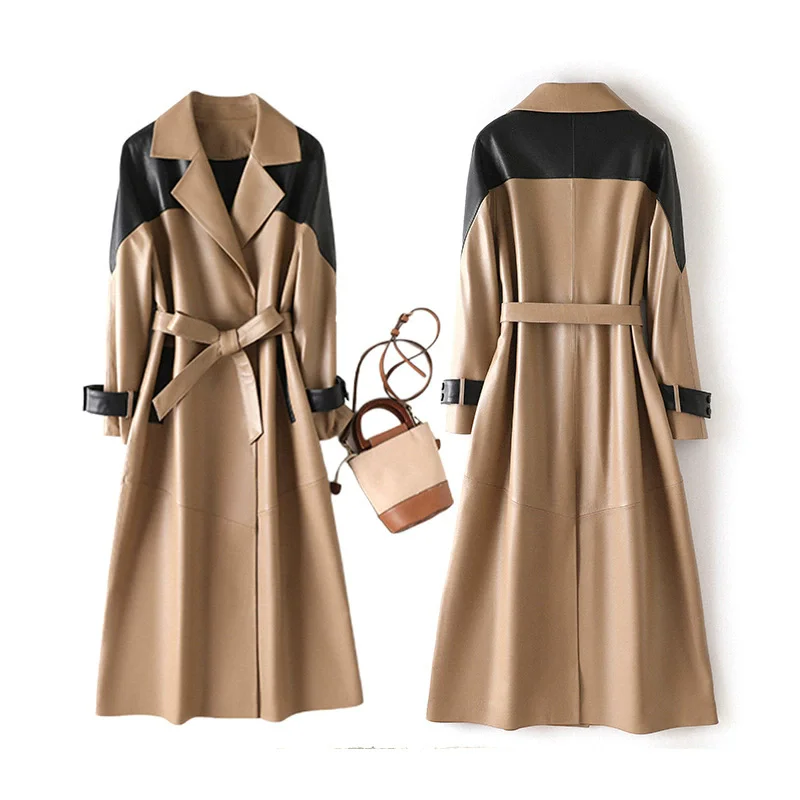 Size S-4XL Chic Suit Collar Women Long Real Leather Overcoat Fashion Khaki & Black Splicing Ladies 100% Sheepskin Trench Coats