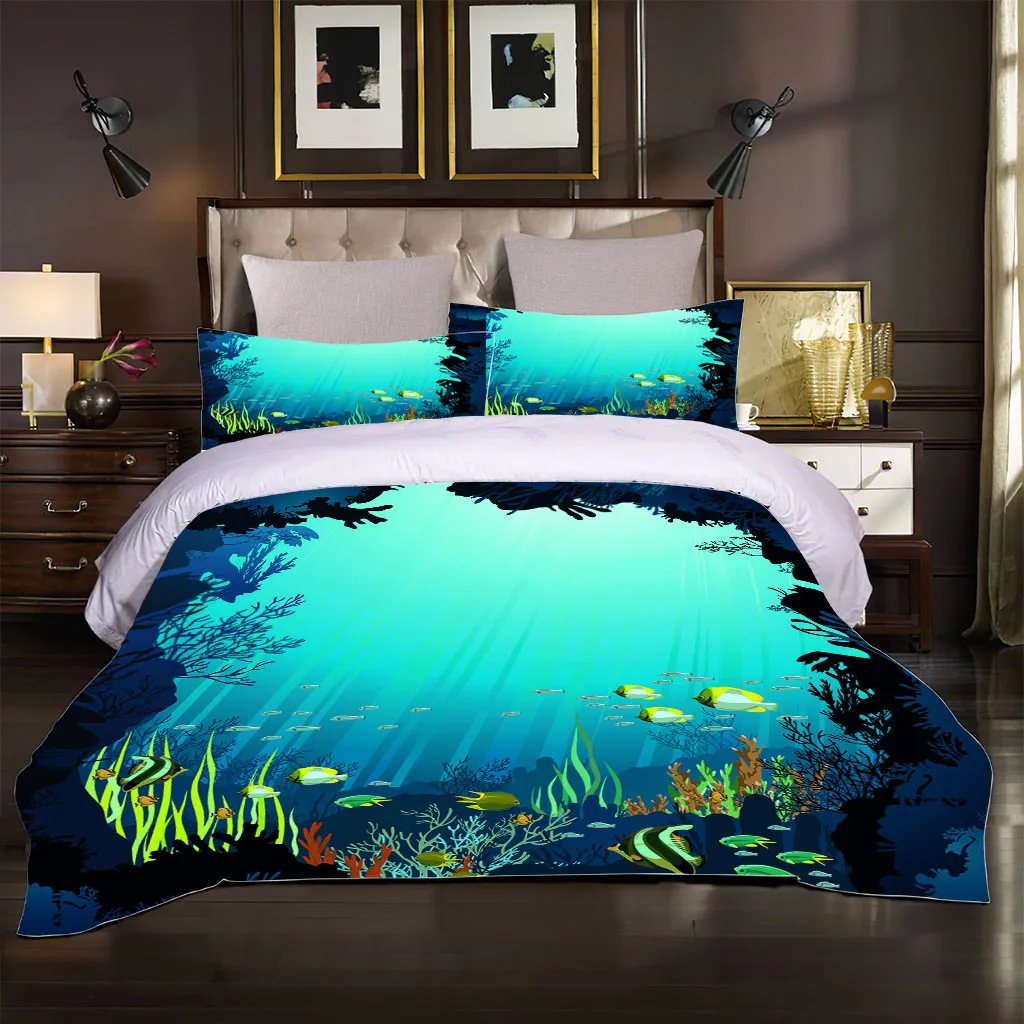 HUANZHUANG Queen Size Bed Boy Girl Comforter Cover Set Blue Underwater World Digital Printing Fashion Bedding Set Duvet Cover Se