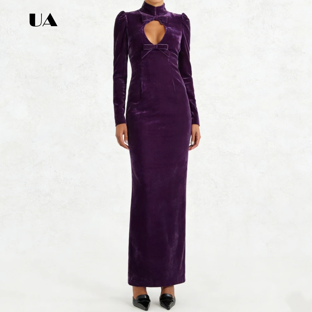 ULBYANRY 벨벳 컷아웃 롱 슬리브 프롬 드레스, 솔리드 터틀넥 보우 이브닝 드레스, 심플 컬럼 맞춤형 파티 가운