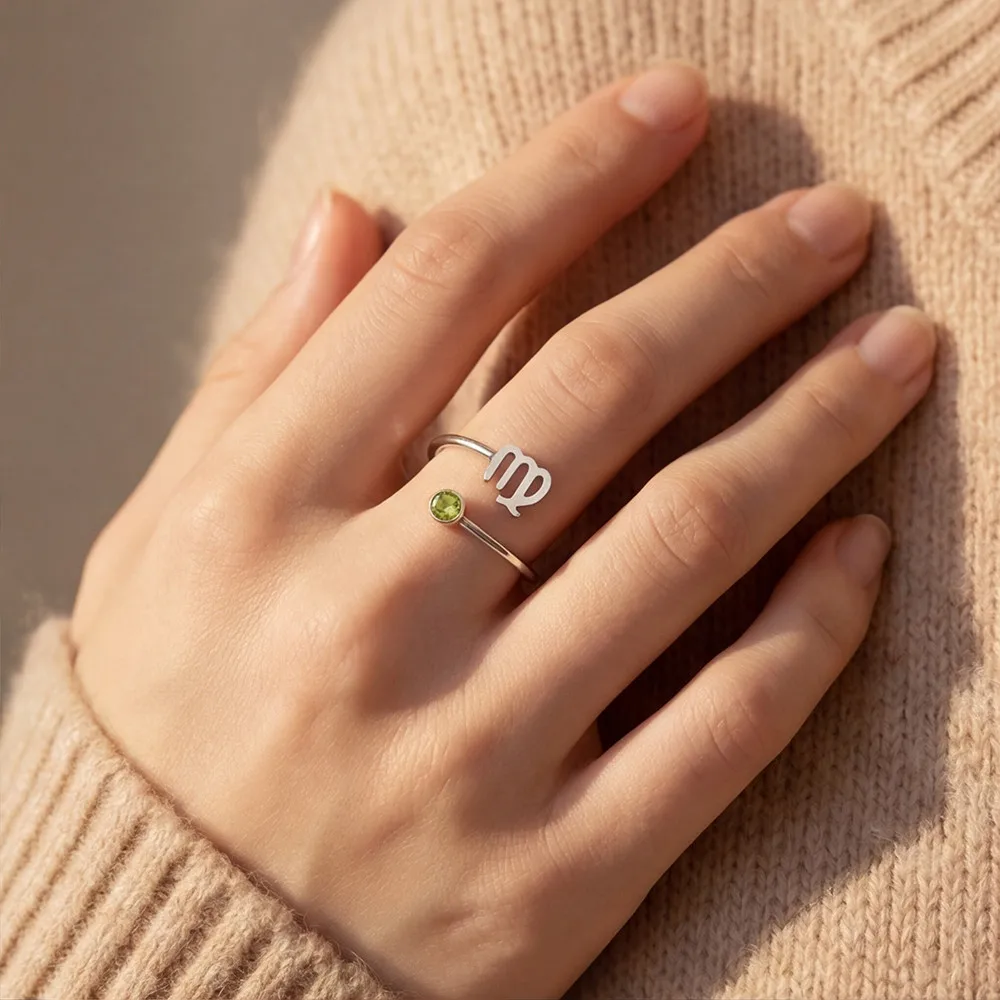 Custom Crystal Zodiac Birthstone Ring For Women Gold Plated Stainless Steel Adjustable Stackable Rings Personalized Birthday Gif