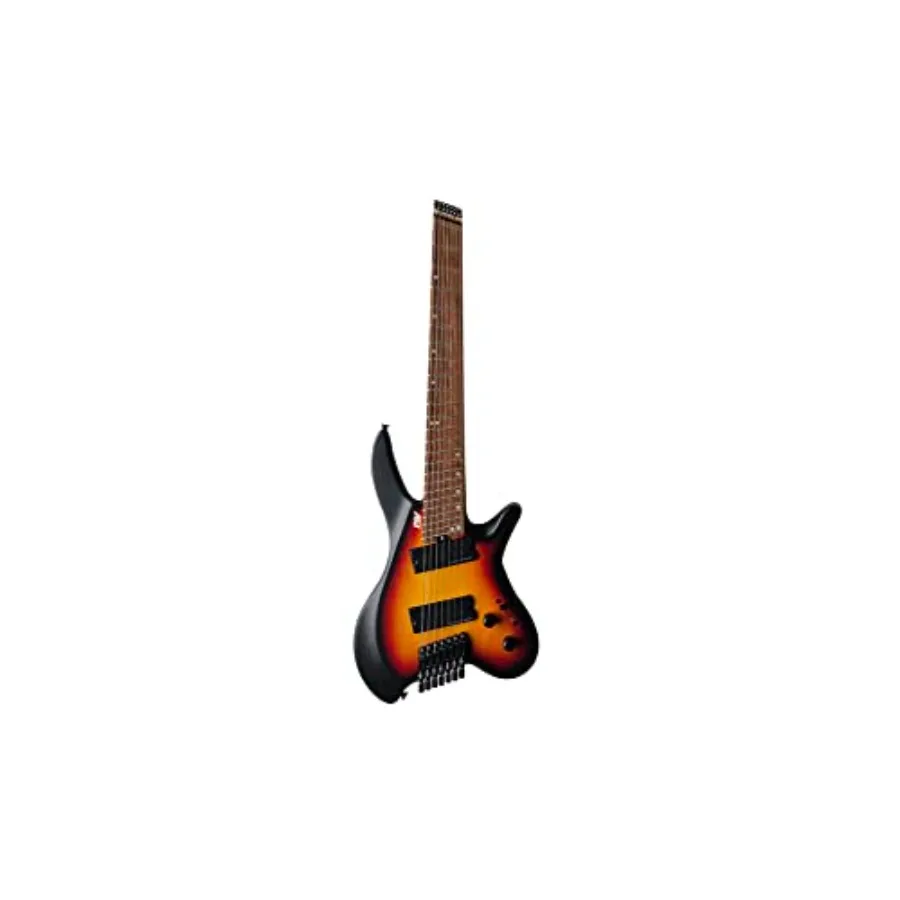 

7-string headless electric guitar for professional stage use, mahogany body with sunburst finish, lightweight and balanced desi
