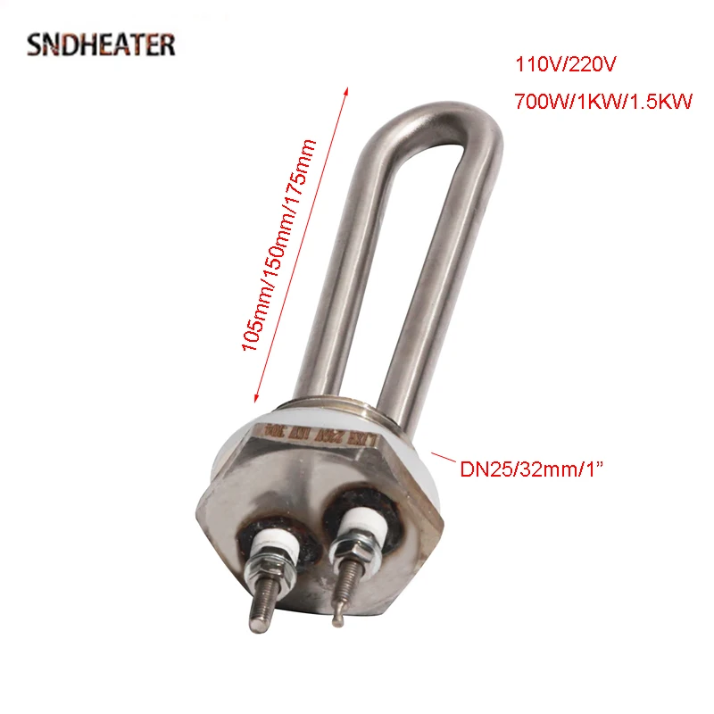 SNDHEATER DN25 32mm Thread Water Heating Element 304SUS 110V 220V Electric Heater Resistance Tube 105mm 150mm 175mm with Nut