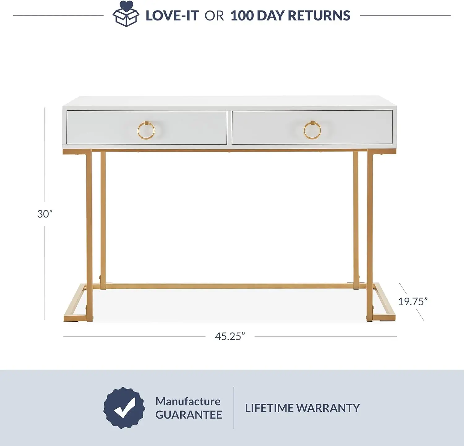 Vanity Desk with 2 Drawers, 45 Inch Computer Desk Mordern Vanity Makeup Dressing Table Home Office Desk Laptop Study