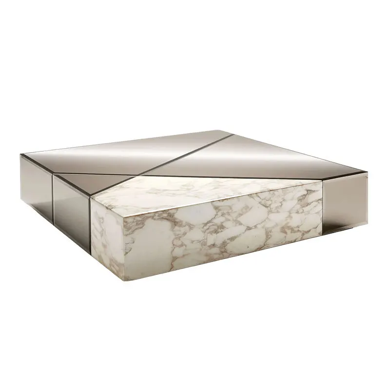 

Italian minimalist square coffee table design villa living room marble coffee table silver mirror edge glass tea table