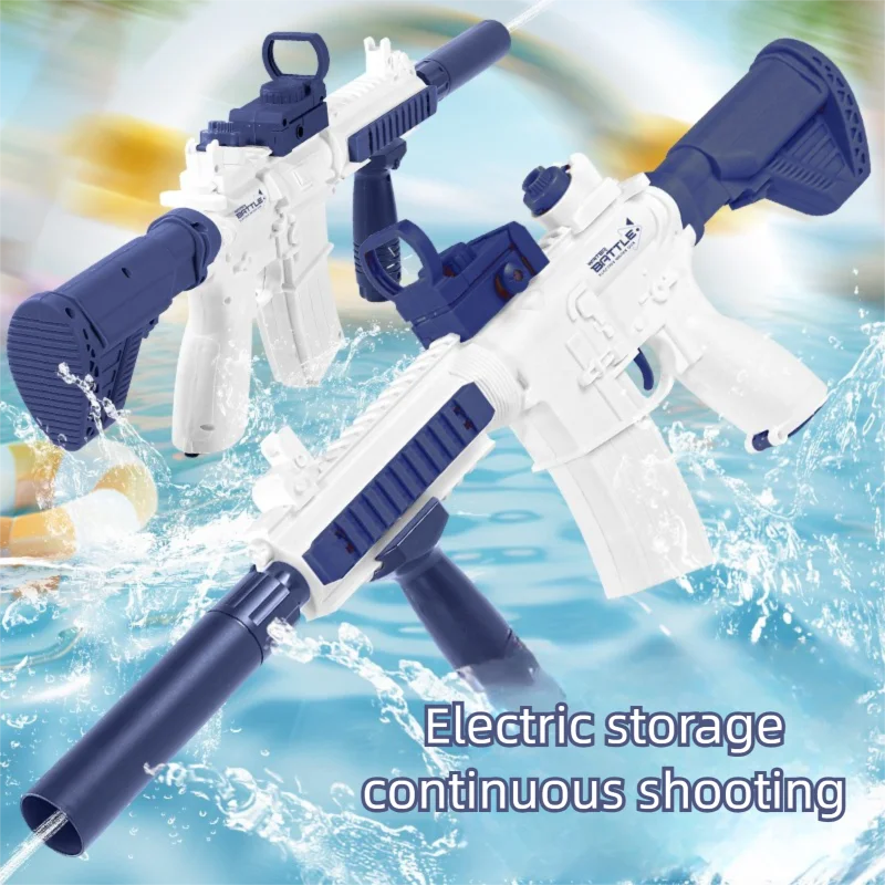 Pistola de água elétrica m416, brinquedo de longo alcance de grande capacidade, fogo contínuo embutido, 2.5cm de diâmetro, armazenamento de água externo, piscina, praia
