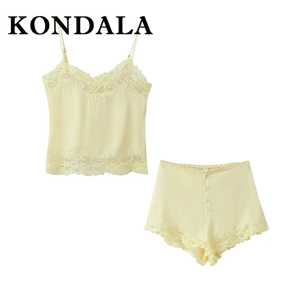 

KONDALA шикарный сексуальный желтый кружевной Y2K элегантный женский костюм на бретельках + кружевные мини-шорты мода 2025 нижнее белье женский комплект на день Святого Валентина