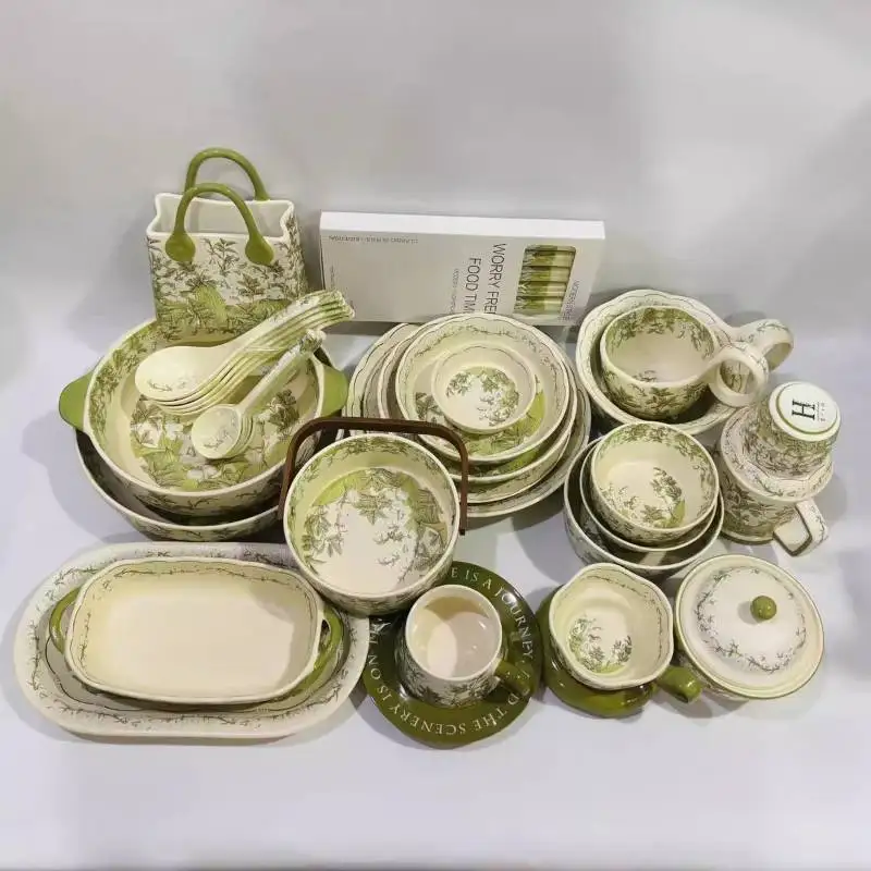 Conjunto de Pratos de Jantar Verde para Festas, Luxuosos, Modernos e Elegantes, Pratos de Designer, Conjuntos de Jantar Cerâmicos Redondos, Aparelho de Jantar, Louças de Cozinha